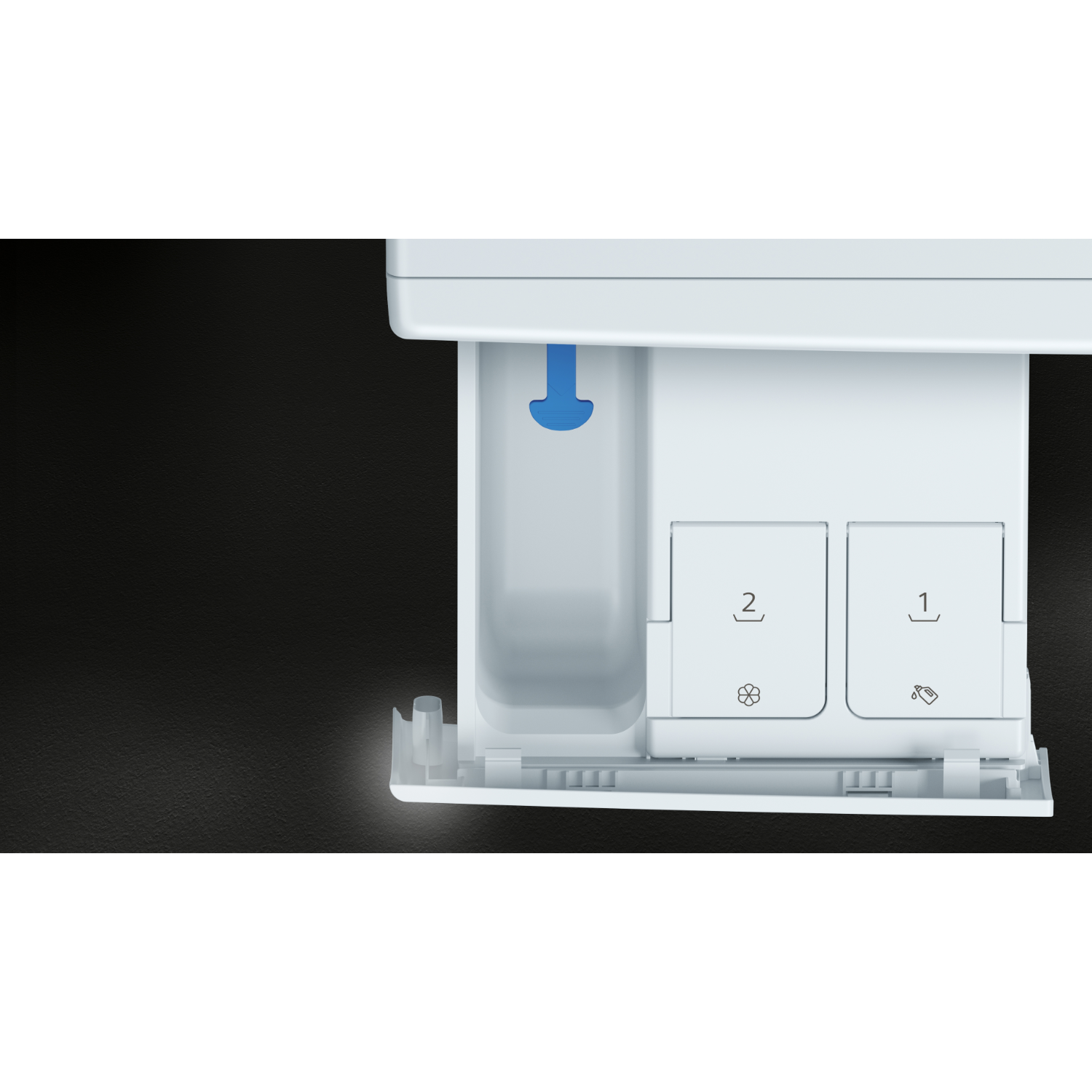 A close-up of a white washing machine soap dispenser with multiple compartments, with a blue arrow.