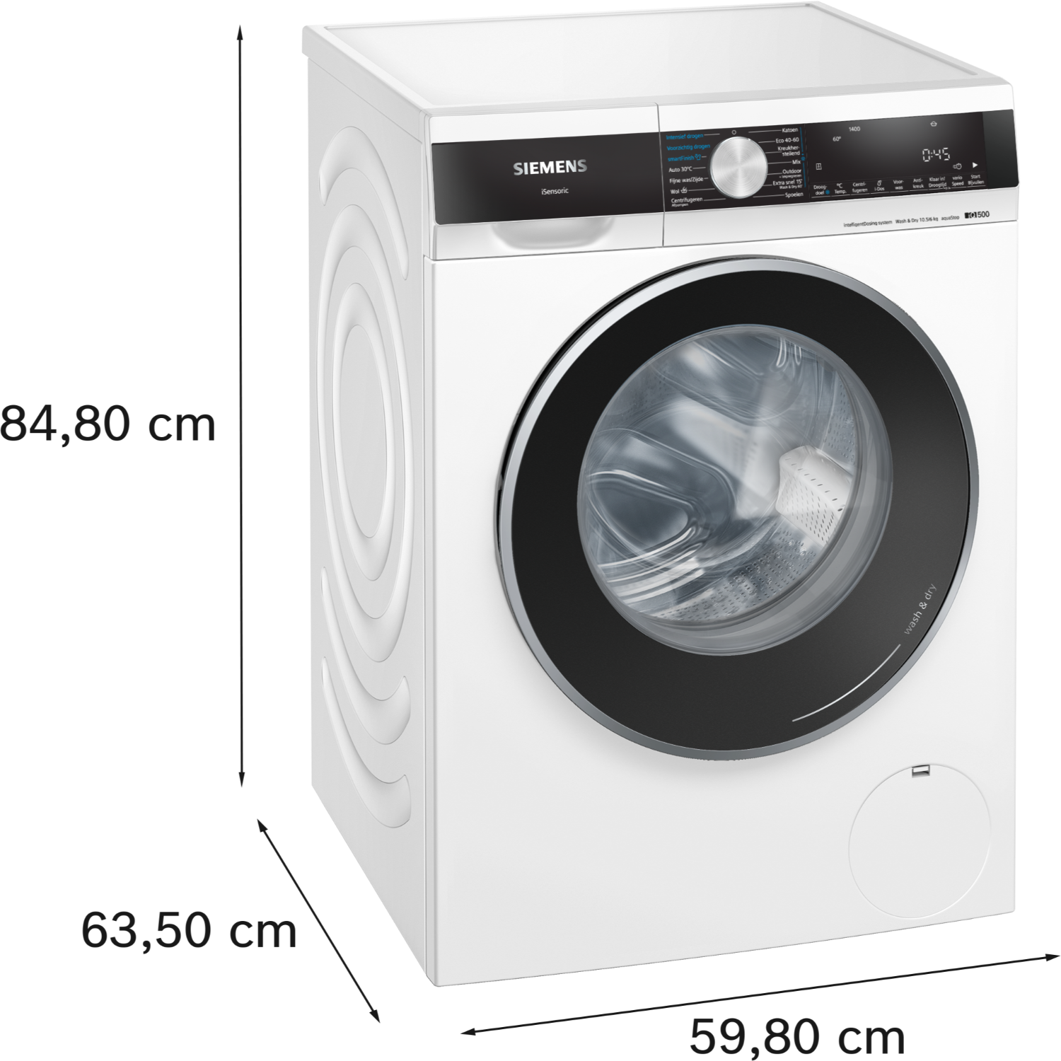 A white Siemens washing machine with a black door and control panel, on a black backdrop.