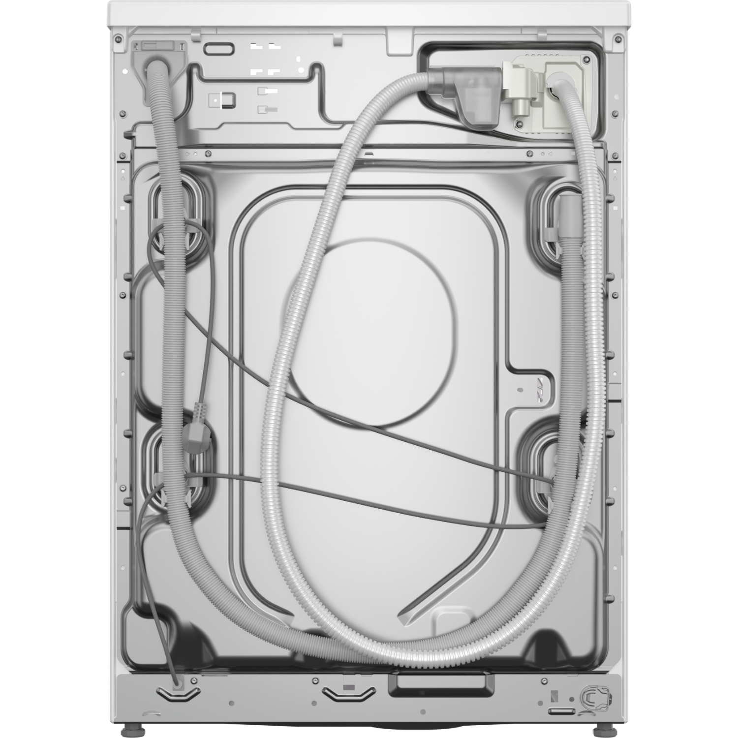 Back of a washing machine. It has hoses, tubes and a large white surface.