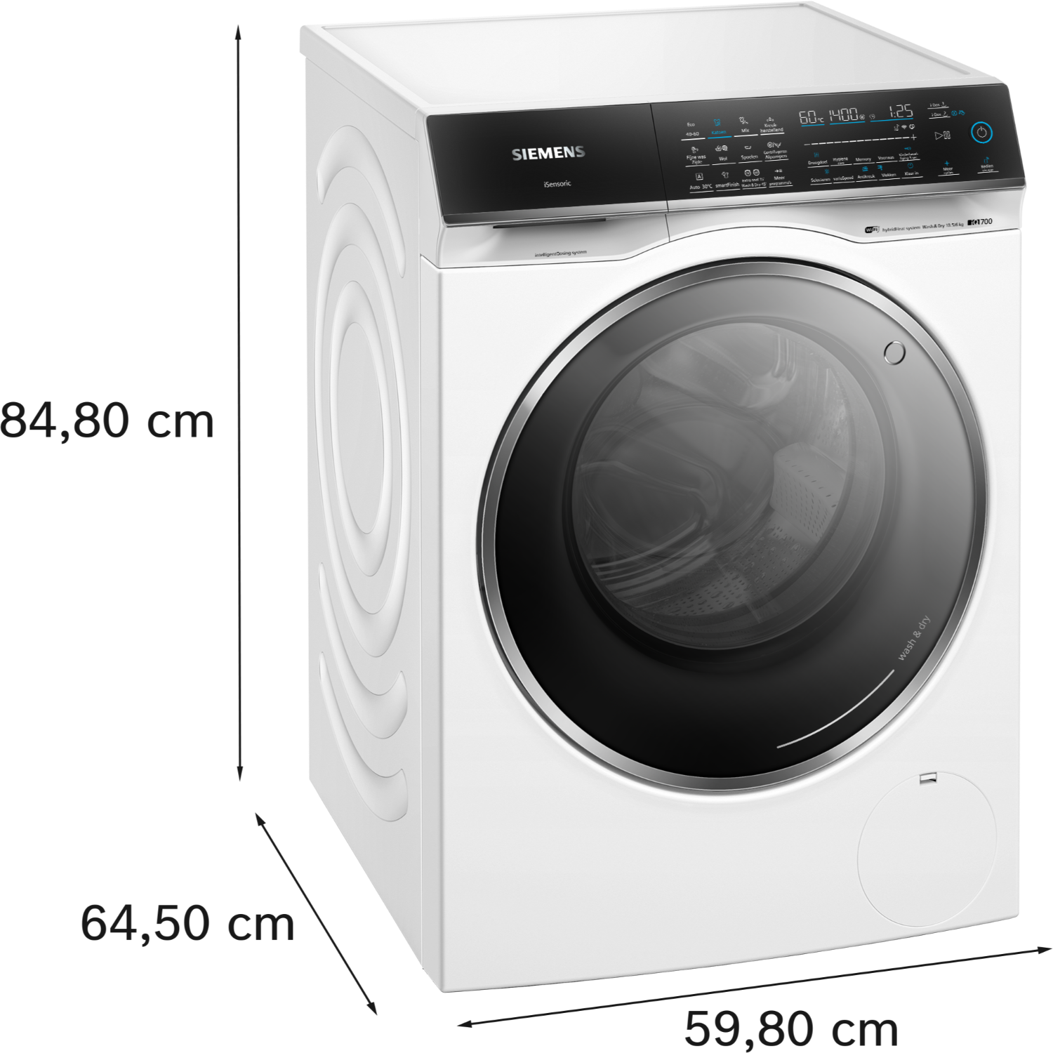 A white washing machine with a black door and control panel, shot from an angle.