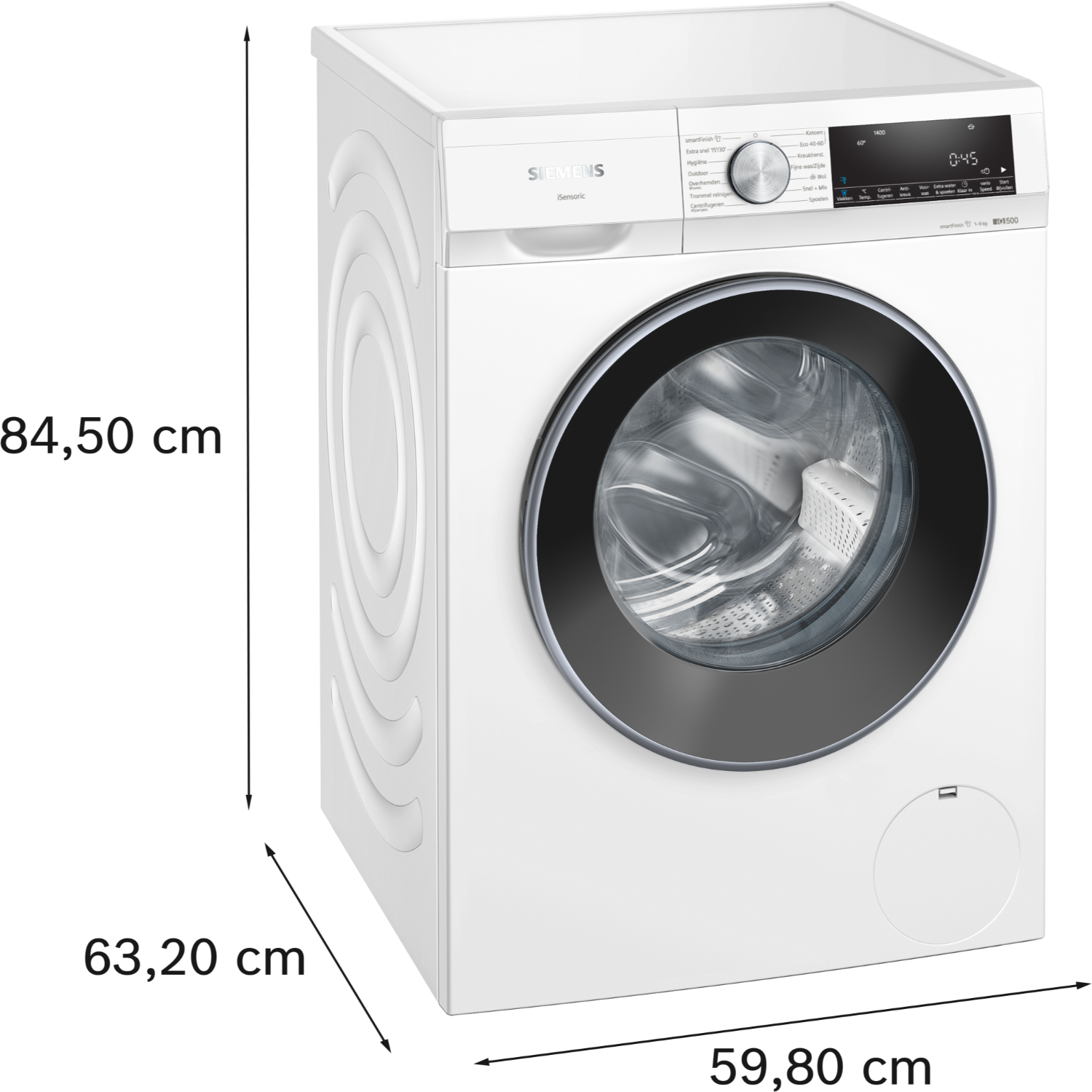 A white washing machine. The washing machine has a black door and a digital display.