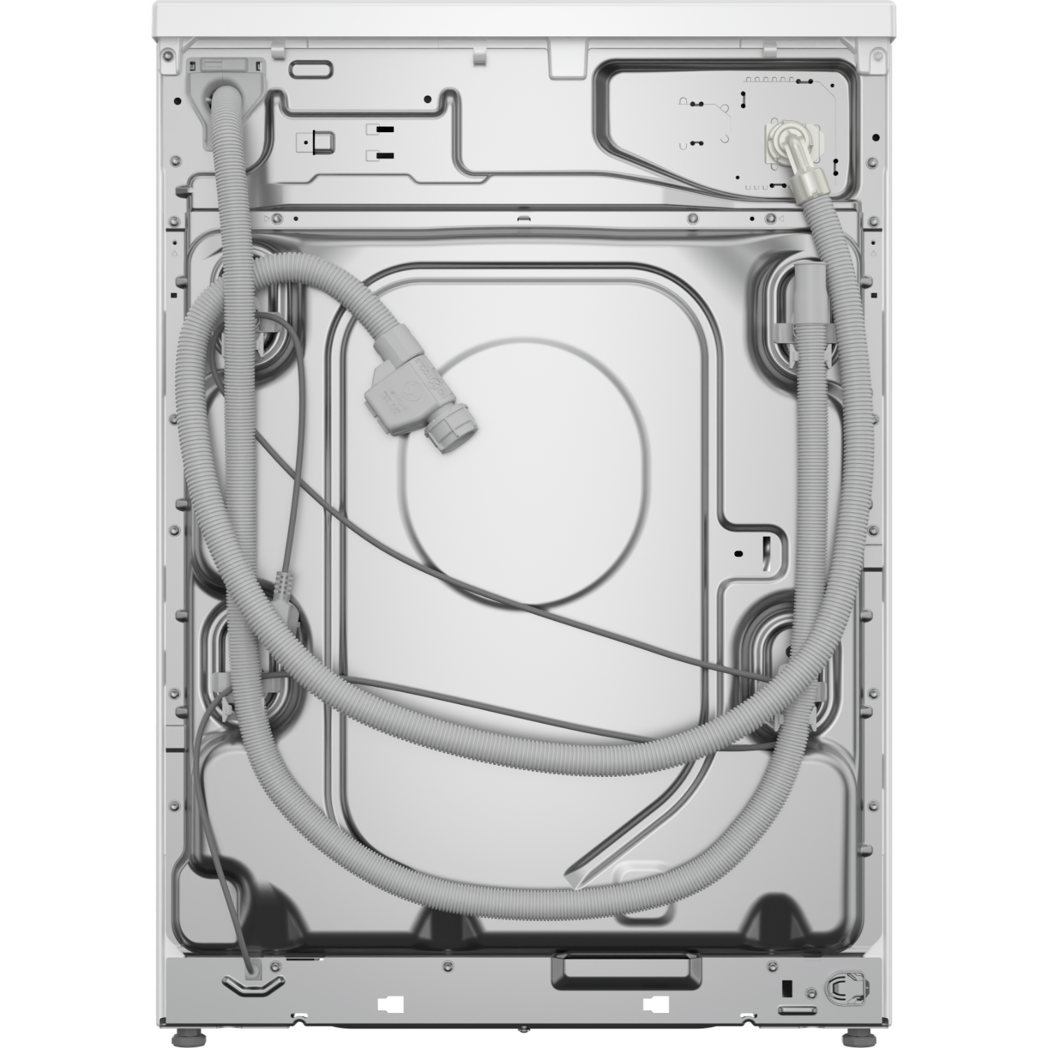 Back of a washing machine, showing hoses and internal components.