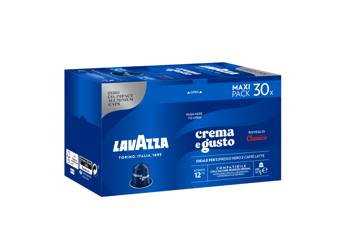 Blaue Lavazza-Kaffeebox mit Kapseln. Text: 'Crema e Gusto'. Maxi Pack 30x. Zero CO2-Auswirkungen.