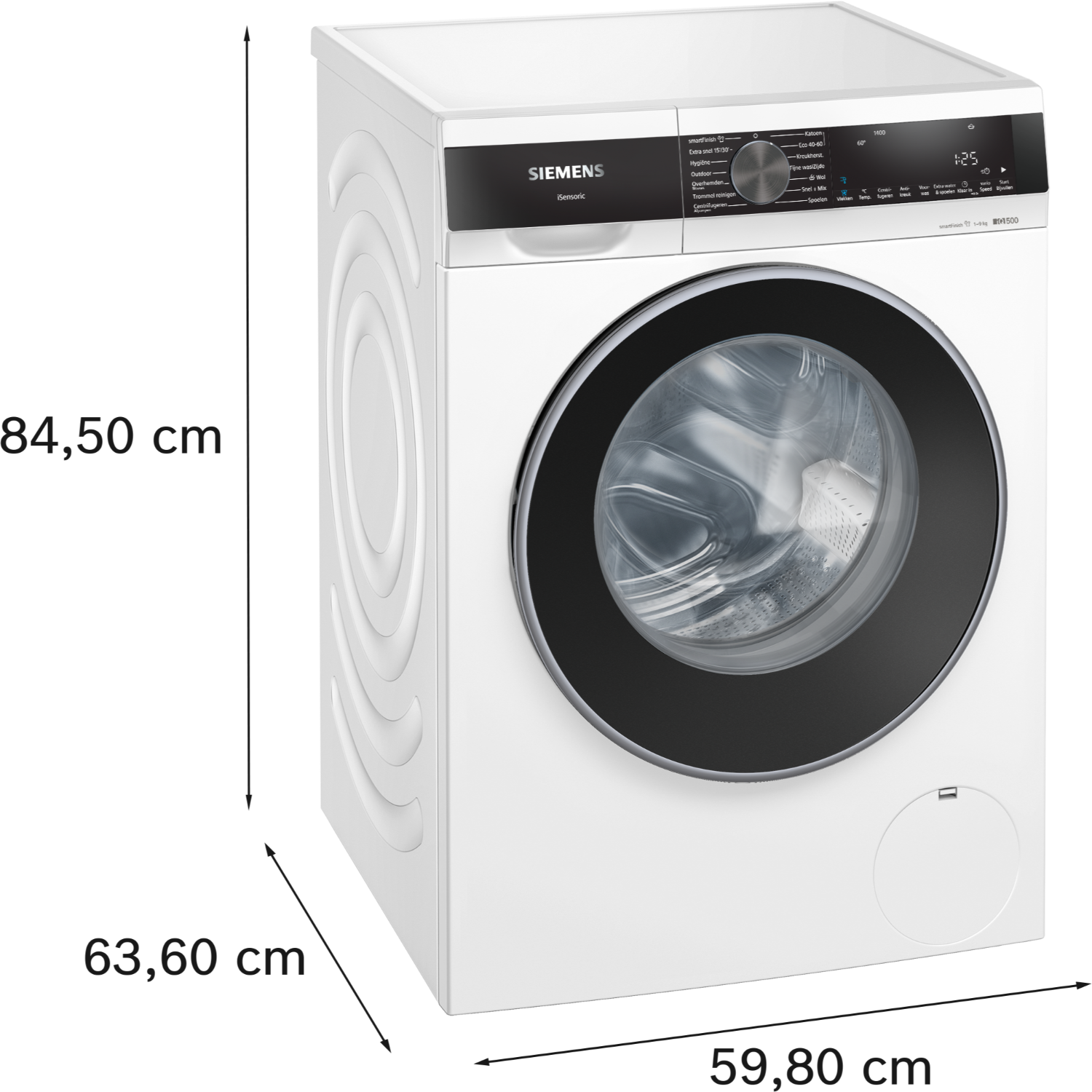White washing machine with black door and control panel. Siemens logo visible. Modern design.