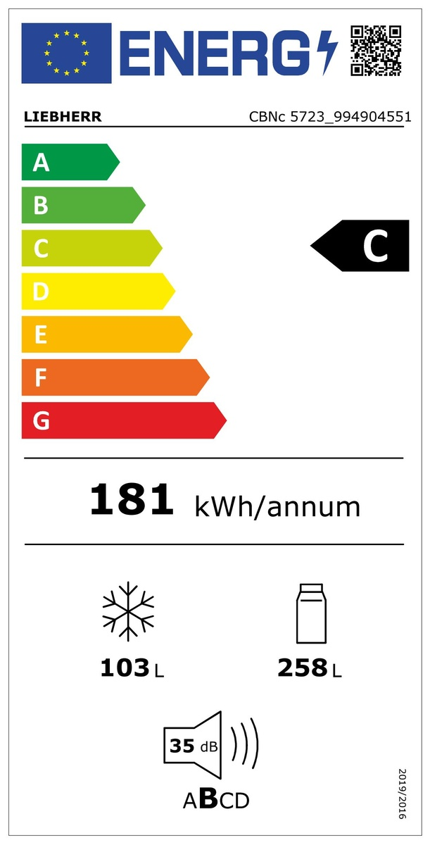 Liebherr hűtőszekrény energia címkéje, C energiaosztállyal, 181 kWh/év.