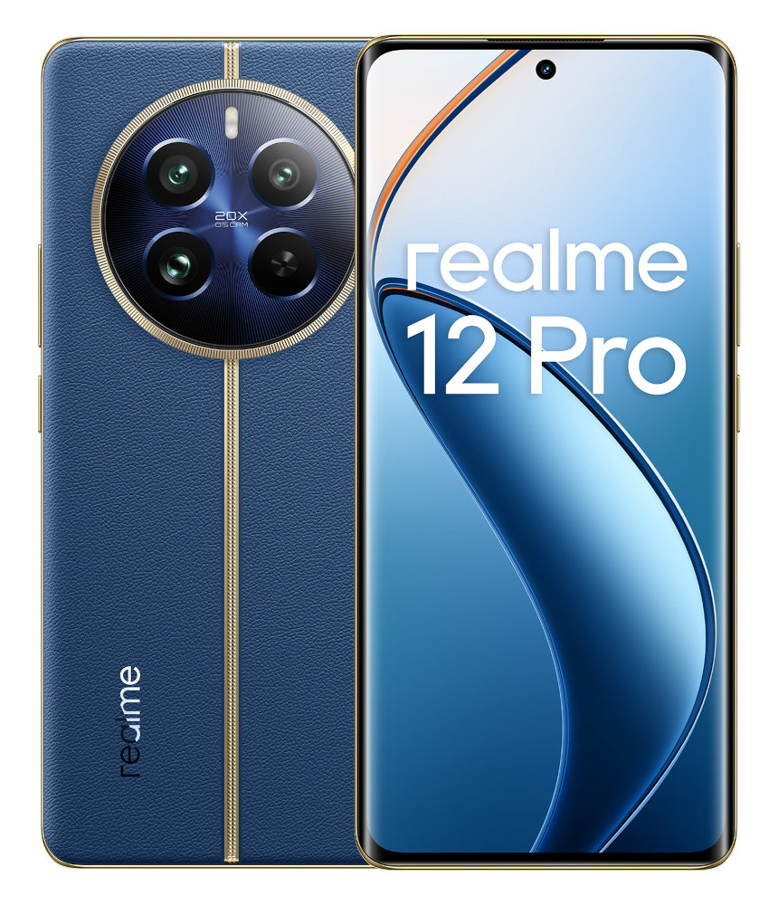 Niebieski telefon z okrągłym układem kamery i tekstem "realme 12 Pro" na ekranie.
