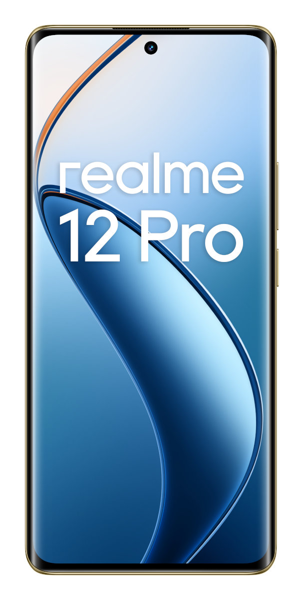 Smartfon Realme 12 Pro. Wyświetla niebiesko-biały gradient. Złota ramka i detal kamery.