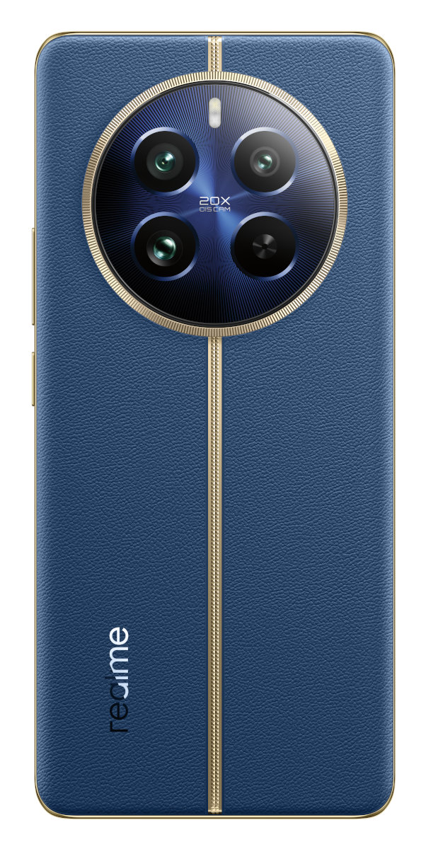Niebieski tył smartfona ze złotymi detalami i dużym modułem aparatu. Marka Realme.