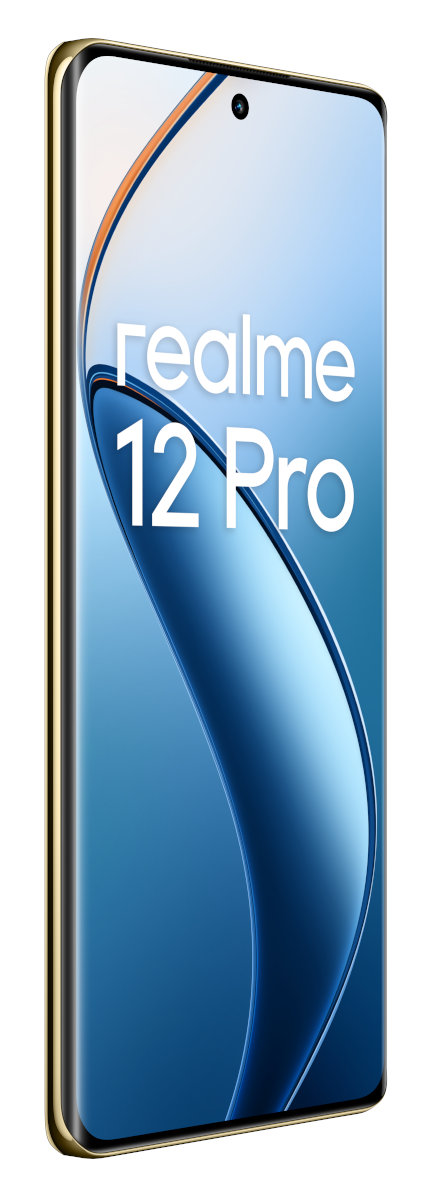 Smartfon, Realme 12 Pro, w złotej ramce, widok z boku. Tekst na ekranie.