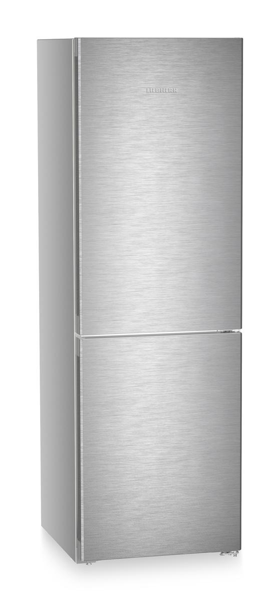 Ein hoher Kühlschrank aus Edelstahl mit zwei Fächern und einem Liebherr-Logo.