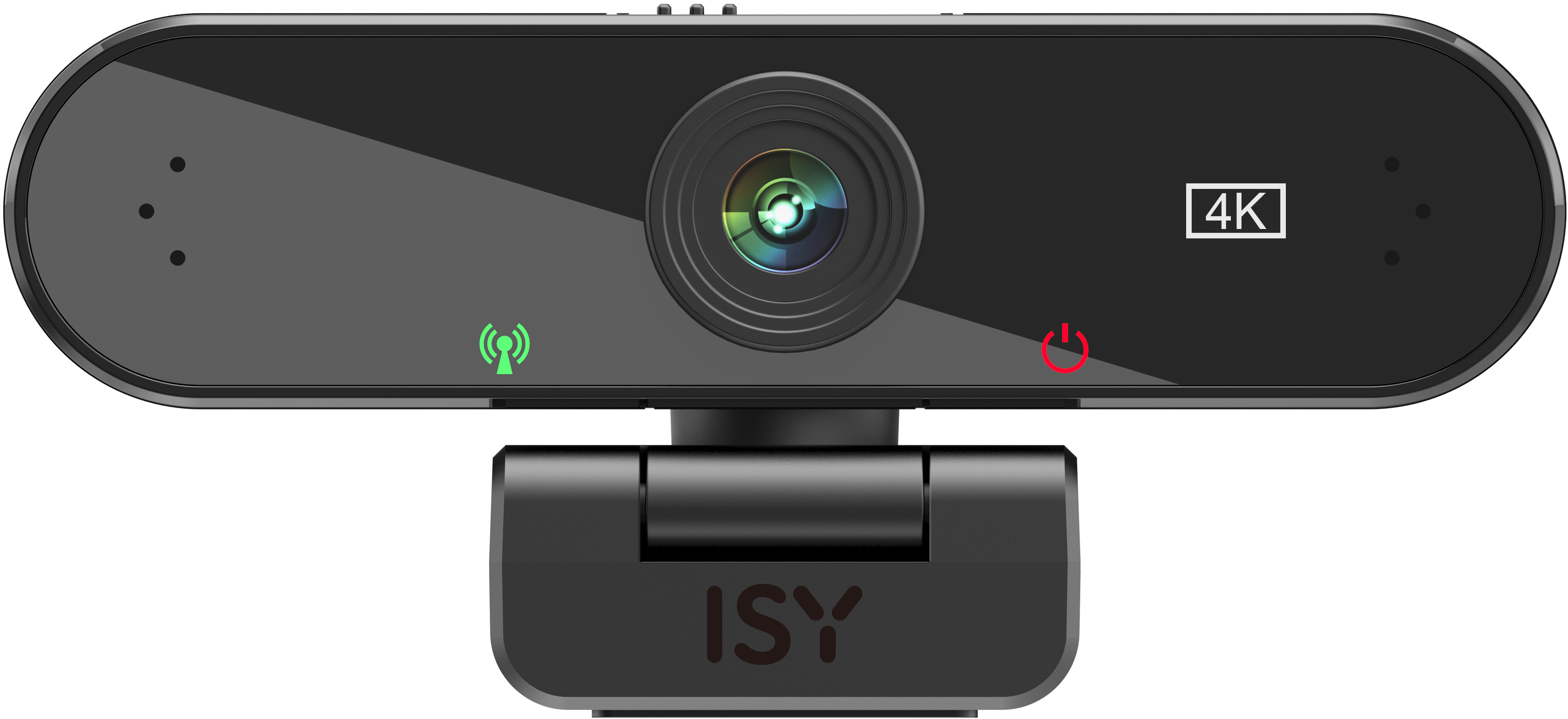Schwarze ISY-Webcam mit 4K-Auflösungsanzeige sowie Strom- und Konnektivitätsleuchten.