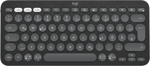 Fekete Logitech billentyűzet, kerek gombokkal. Felülnézet fehér háttéren.
