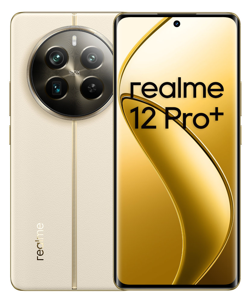 Złoty i kremowy smartfon Realme 12 Pro+. Posiada moduł aparatu z czterema obiektywami i zakrzywiony wyświetlacz z nazwą modelu.