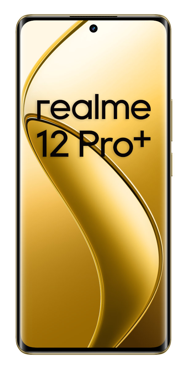 Złoty smartfon wyświetla na ekranie napis 'realme 12 Pro+'. Ekran ma płynny design. Telefon ma czarną obwódkę.