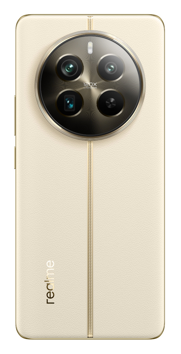 Tył kremowego smartfona. Ma dużą, okrągłą matrycę aparatu z czterema obiektywami i złotym pionowym paskiem.