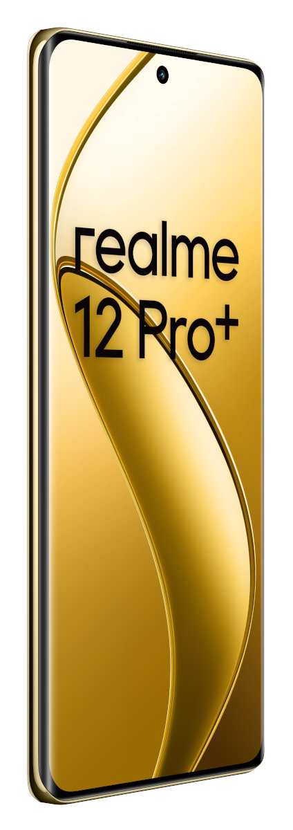 Wyświetlany jest złoty telefon Realme 12 Pro+. Ekran pokazuje złoty wzór fali z nazwą telefonu w kolorze czarnym.