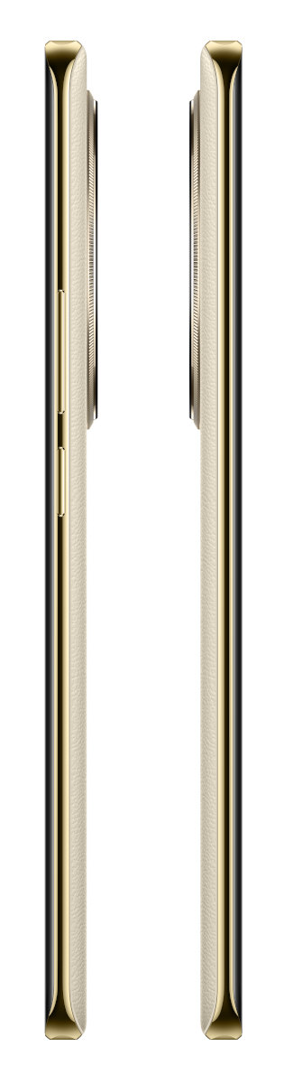 Dwa smartfony obok siebie. Jeden ma przyciski, drugi nie. Oba są złote, beżowe i czarne.