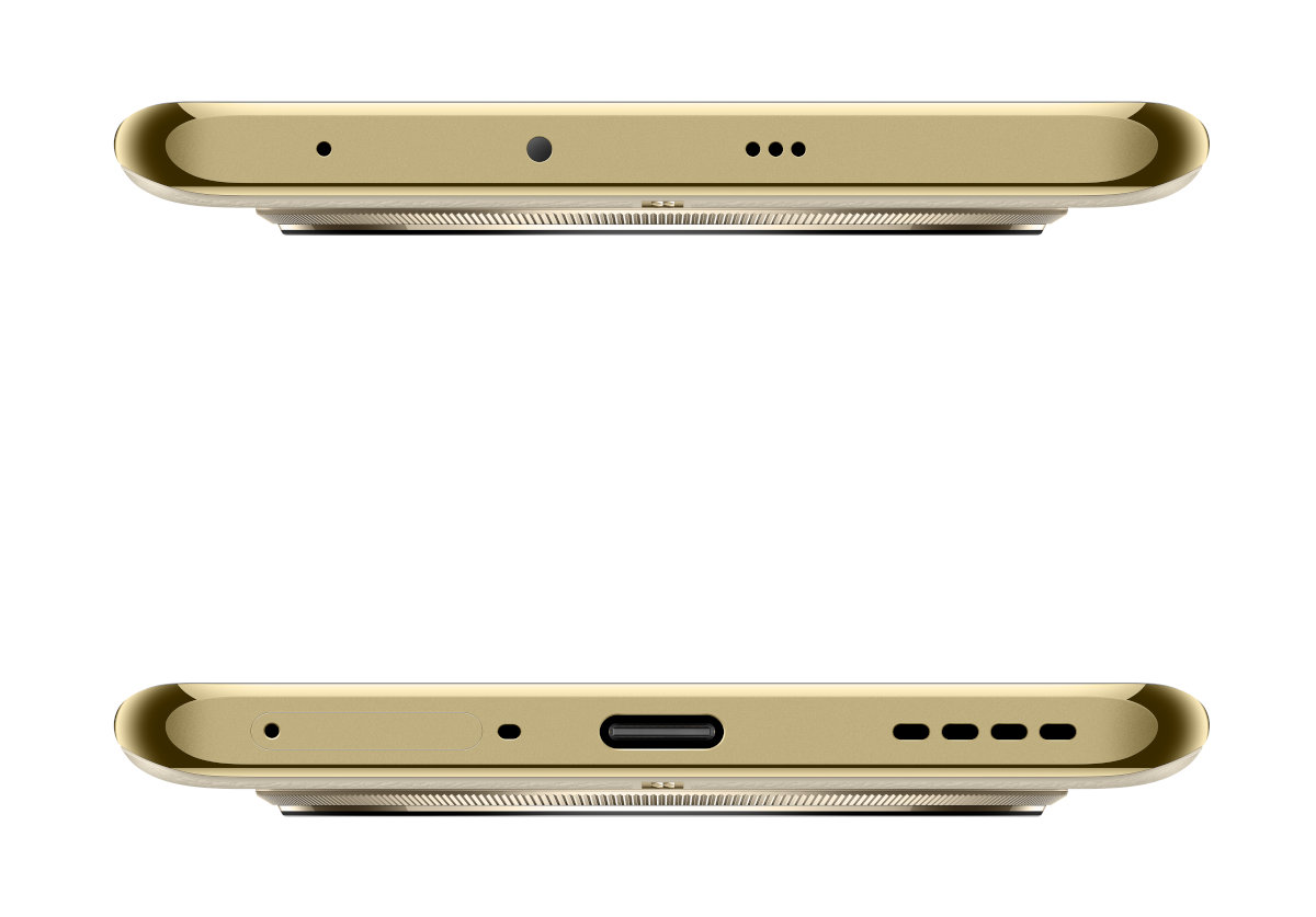 Dwie złote krawędzie smartfona. Górna krawędź ma mikrofon, głośnik i kropki. Dolna krawędź ma mikrofon, port i kropki.