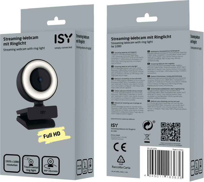 Zwei Kartons ISY Webcam. Jede Box hat Webcam, Ringlicht und Full HD Auflösung.