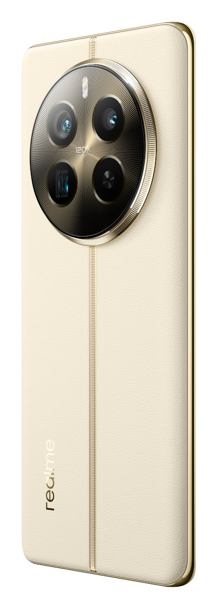 Kremowy telefon Realme, moduł aparatu, złote akcenty, tył imitujący skórę.