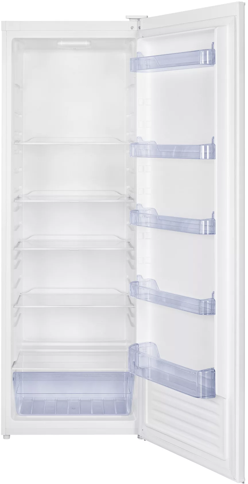 Fehér fagyasztó, nyitott, polcokkal és átlátszó tárolóedényekkel.