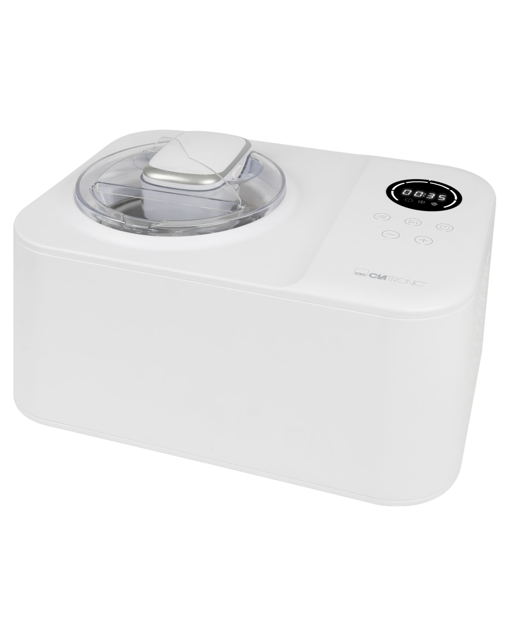 Eine weiße Eismaschine mit digitaler Anzeige und transparentem Deckel.