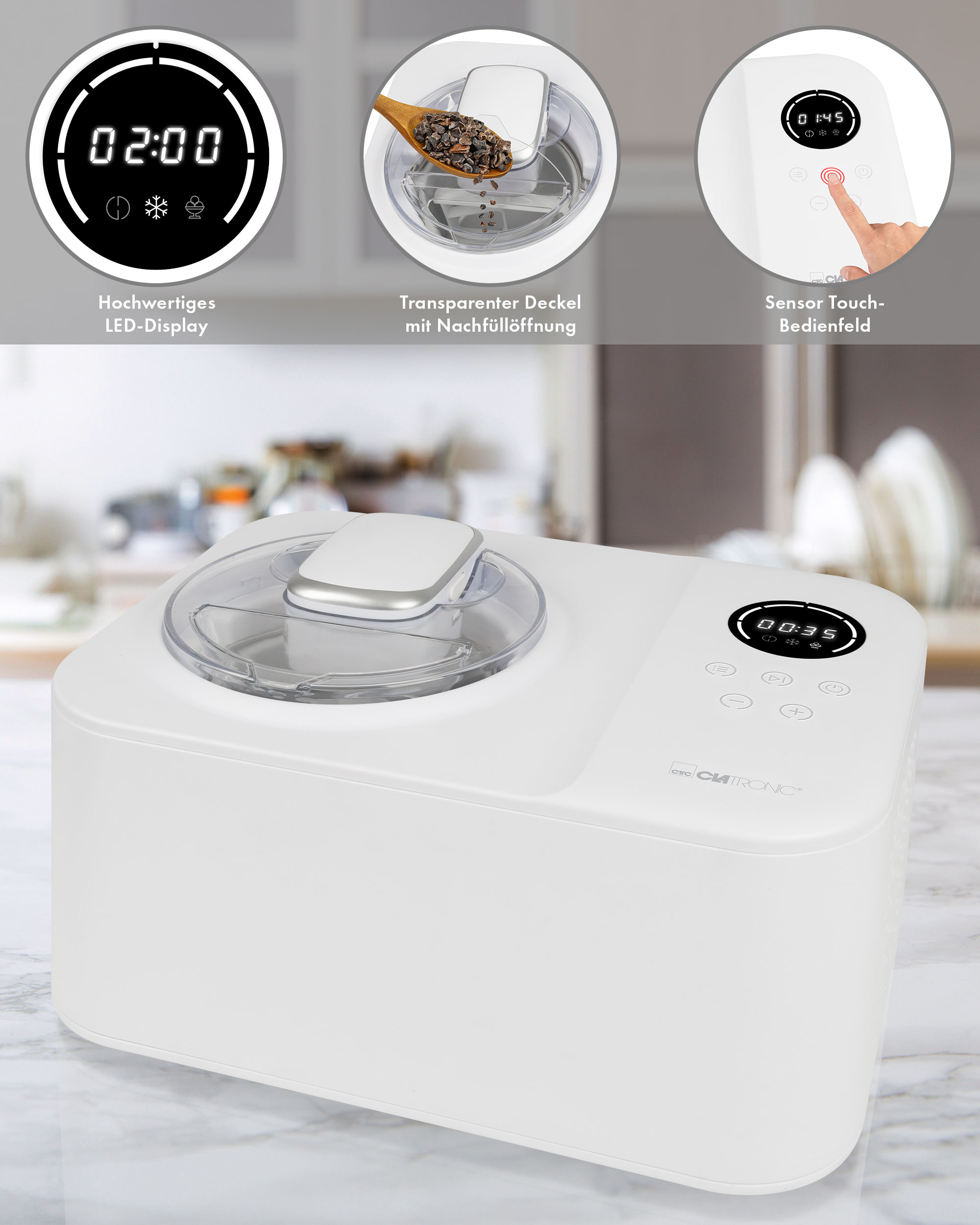 Weiße Eismaschine mit transparentem Deckel, LED-Display und Sensor-Bedienfeld.