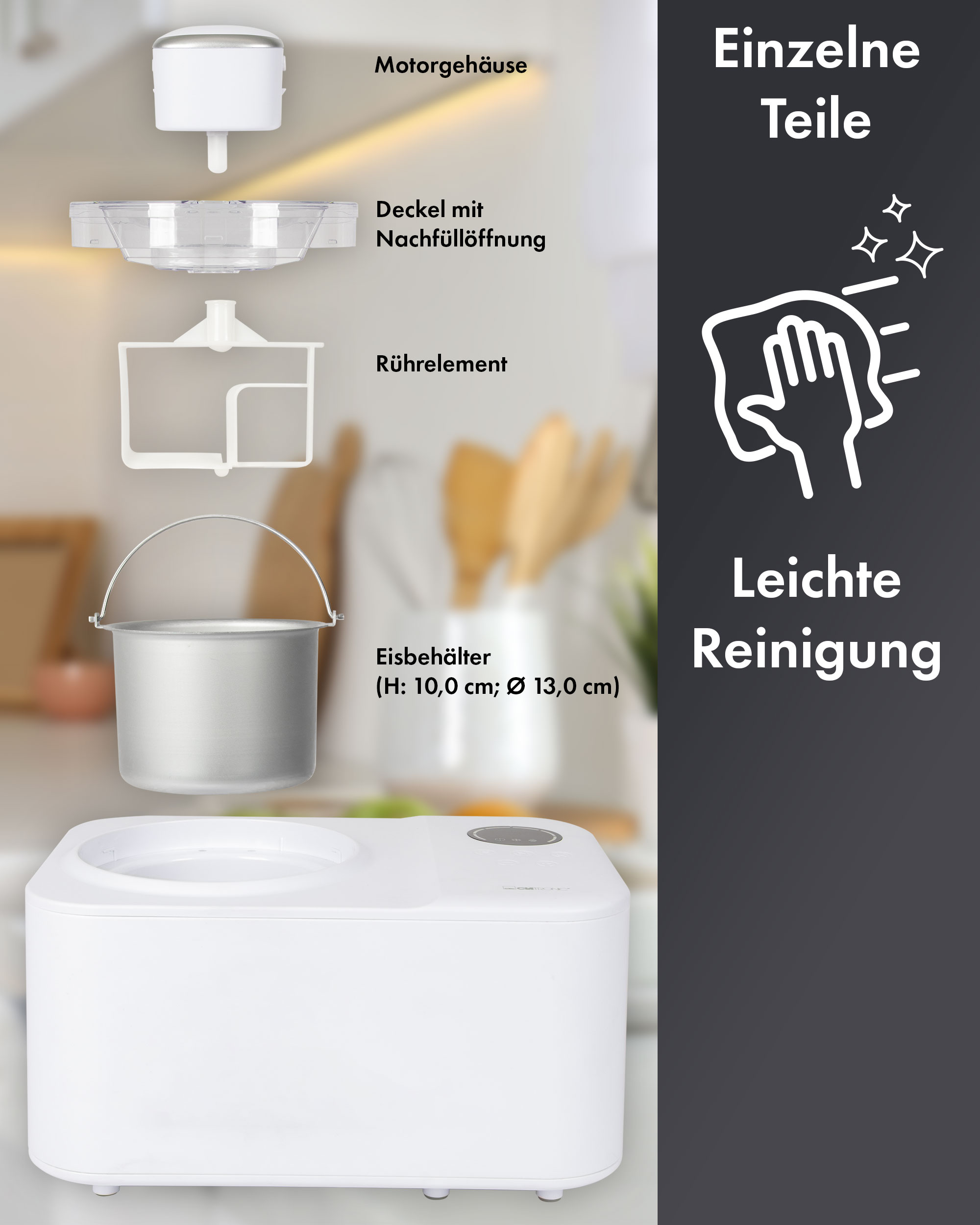 Einzelteile einer Eismaschine: Motor, Deckel, Rührelement, Eisbehälter und Basis.