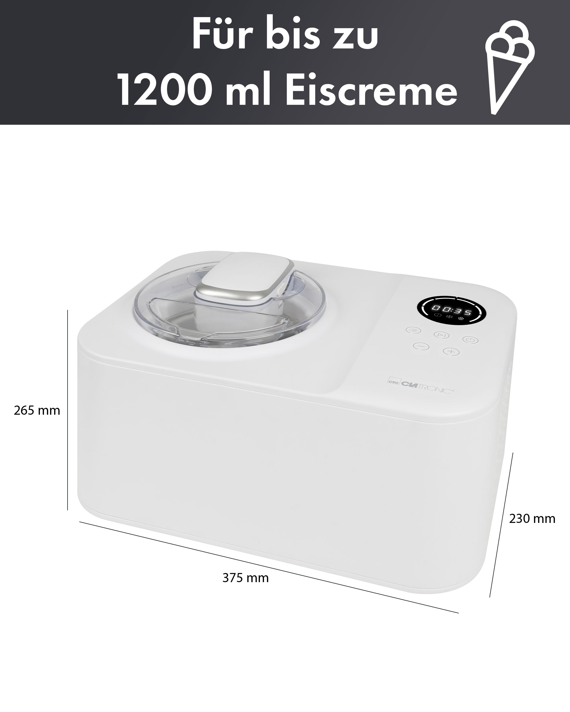 Weiße Eismaschine mit digitaler Anzeige und Maßen.