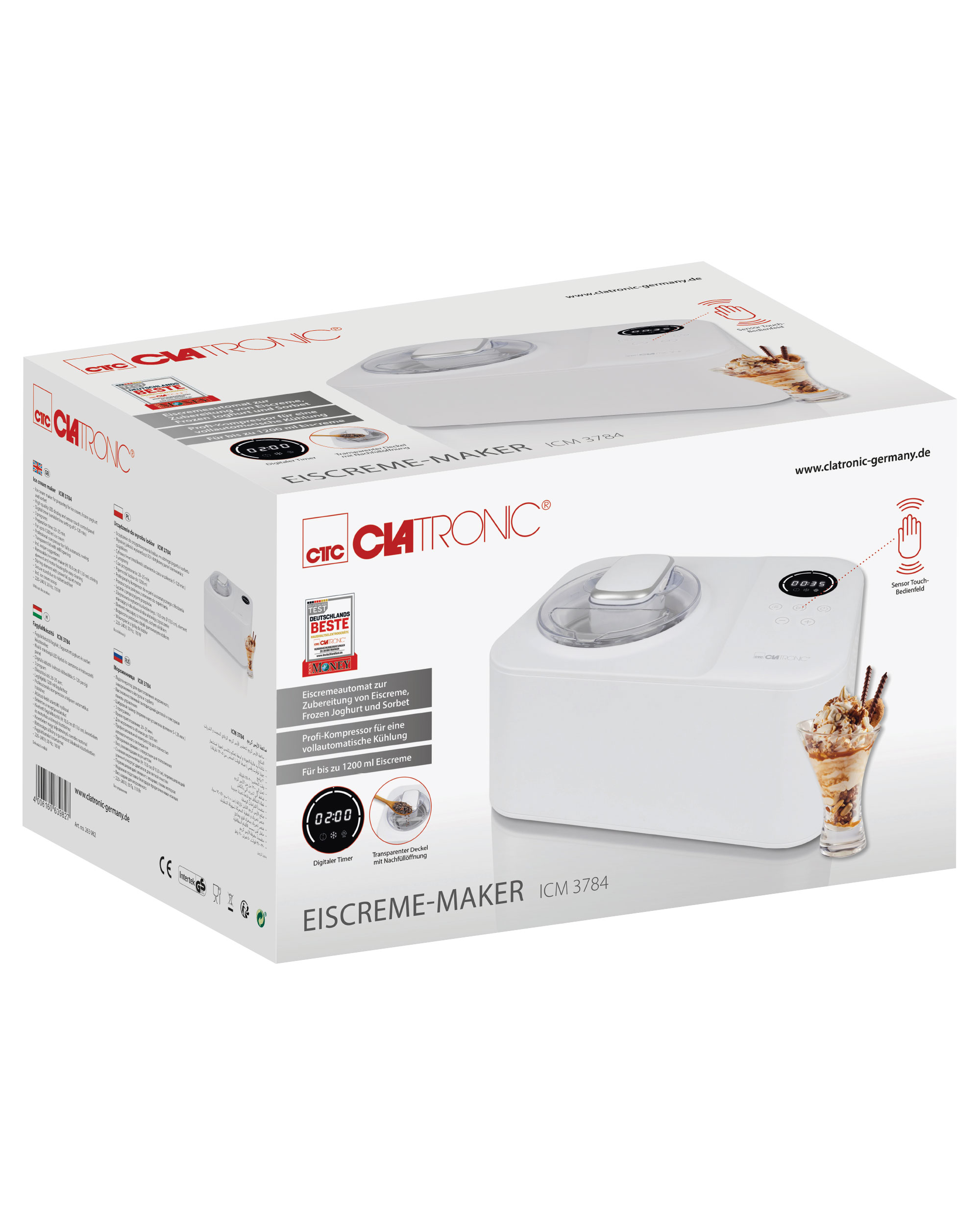 Weiße Eismaschine ICM 3784 mit digitalem Display und Eiscreme-Becher.