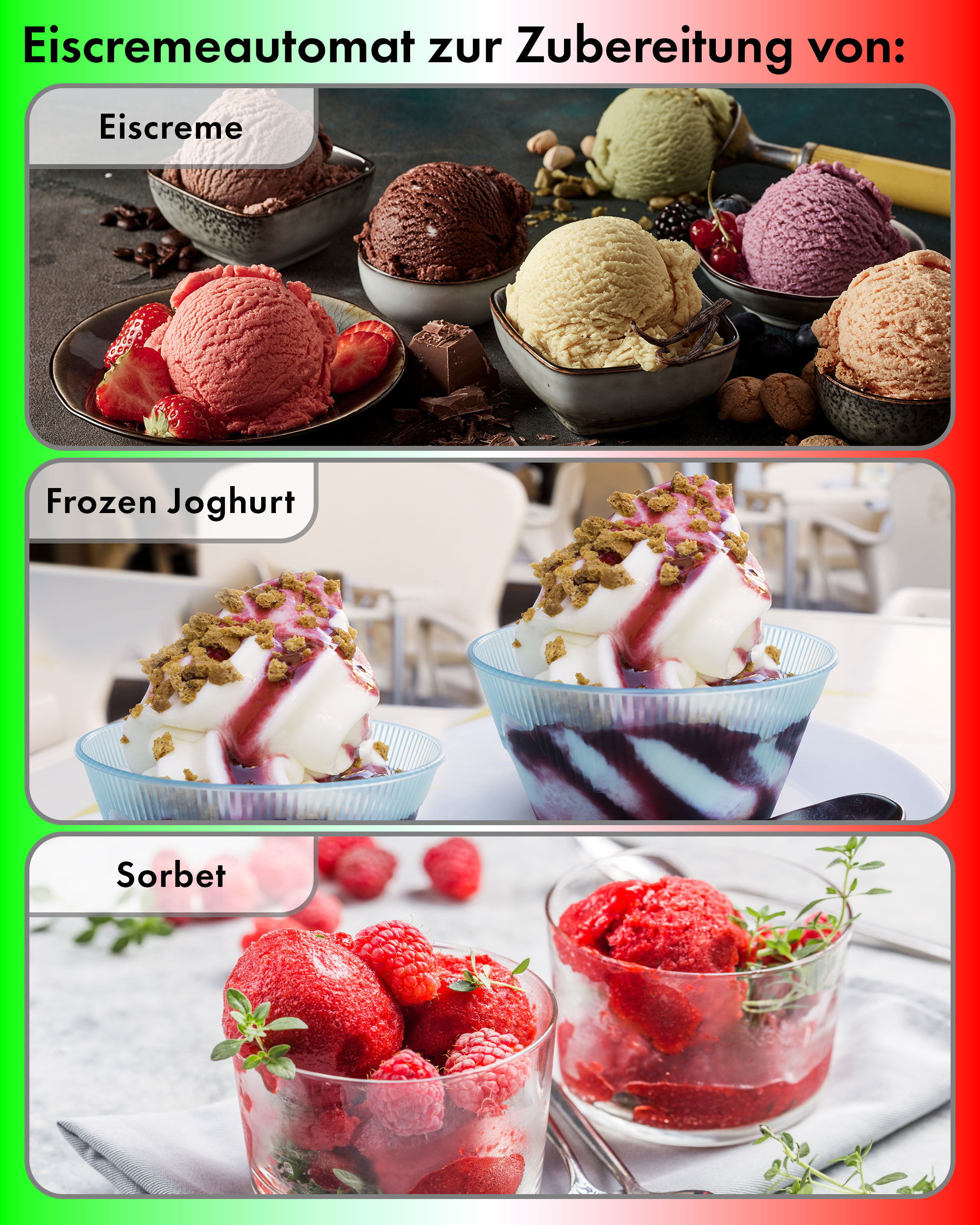 Bilder von Eiscreme, Frozen Joghurt und Sorbet, dekoriert mit Früchten und Krümeln.