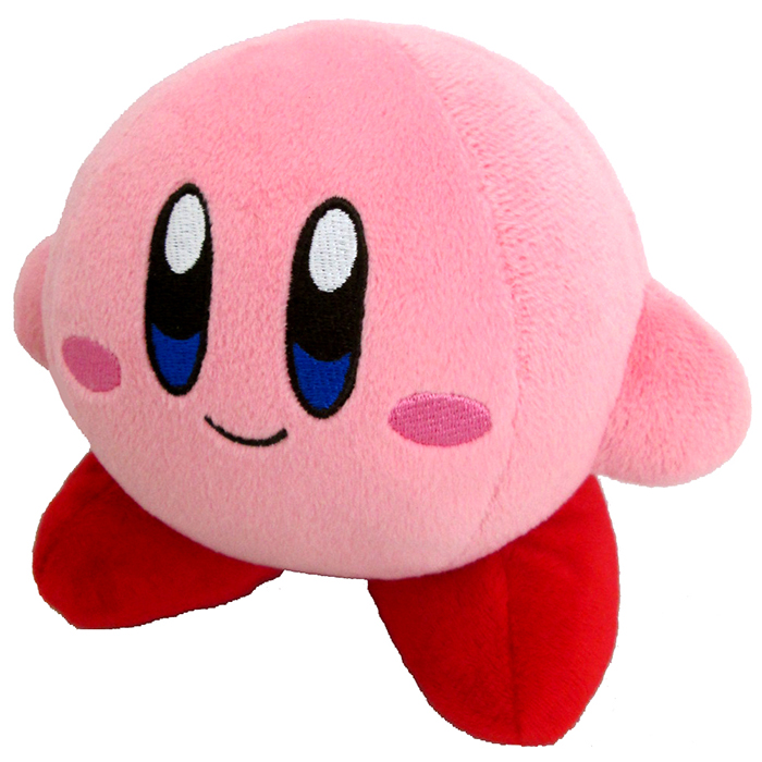 Ein pinkfarbenes Kirby-Plüschtier mit lächelndem Gesicht, blauen Augen und roten Füßen. Der Hintergrund ist weiß.