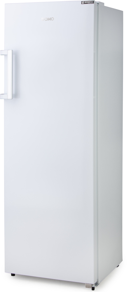 Réfrigérateur blanc avec le logo DOMO sur la porte, design haut et élégant.