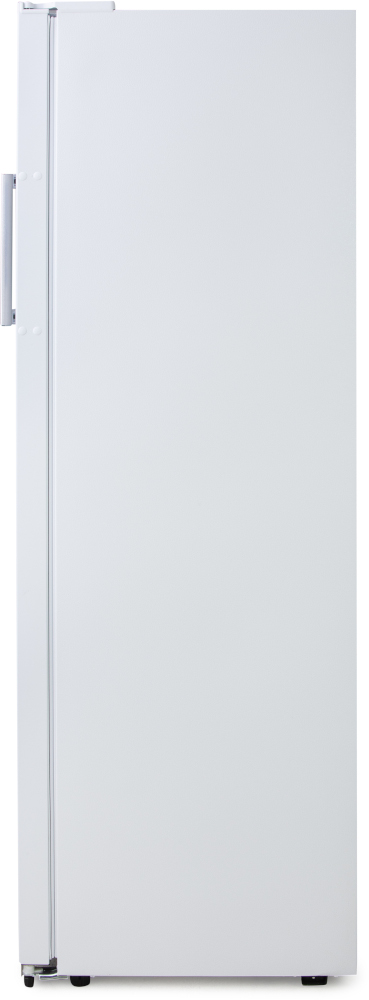 Un réfrigérateur blanc, vu de côté, sur fond blanc.