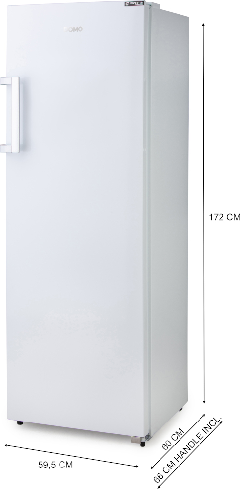 Réfrigérateur blanc avec dimensions. Il a une poignée et la porte est fermée. La marque est en haut.