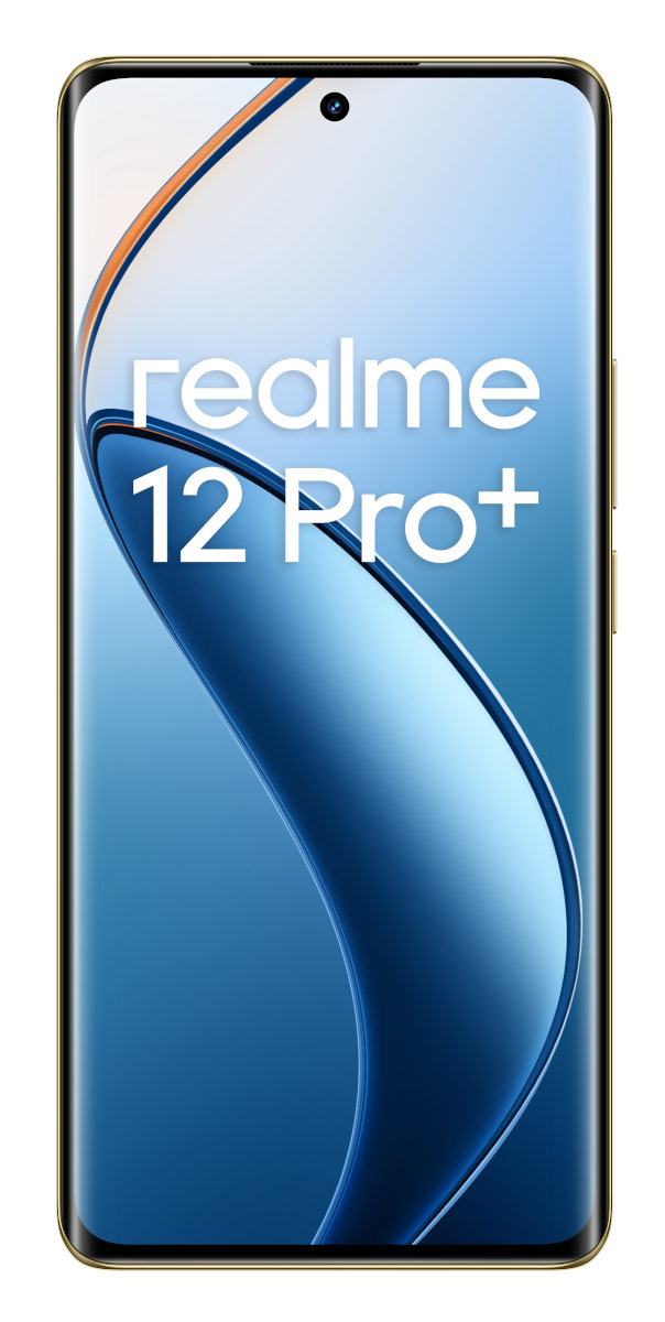 Nowoczesny, złoty smartfon z logo Realme 12 Pro+.