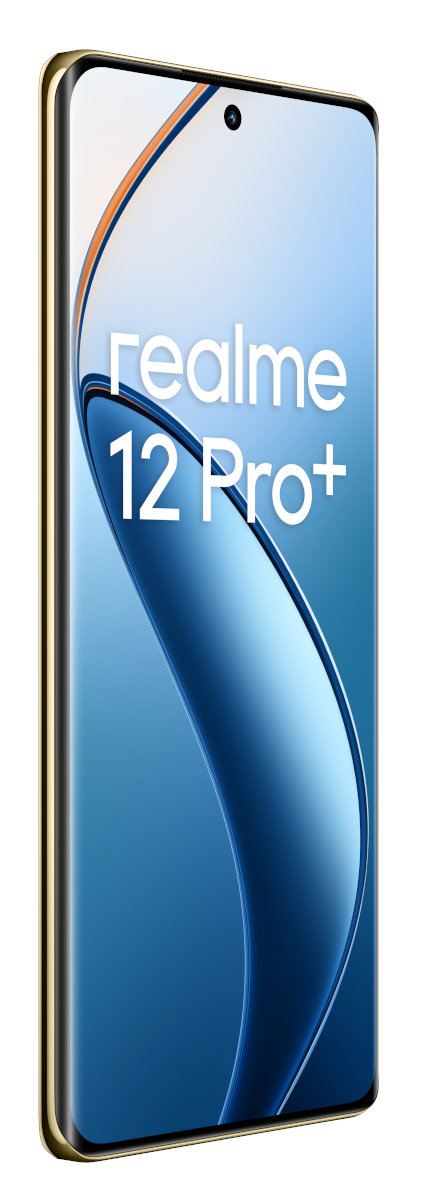 Złoty smartfon z tekstem Realme 12 Pro+ na ekranie.