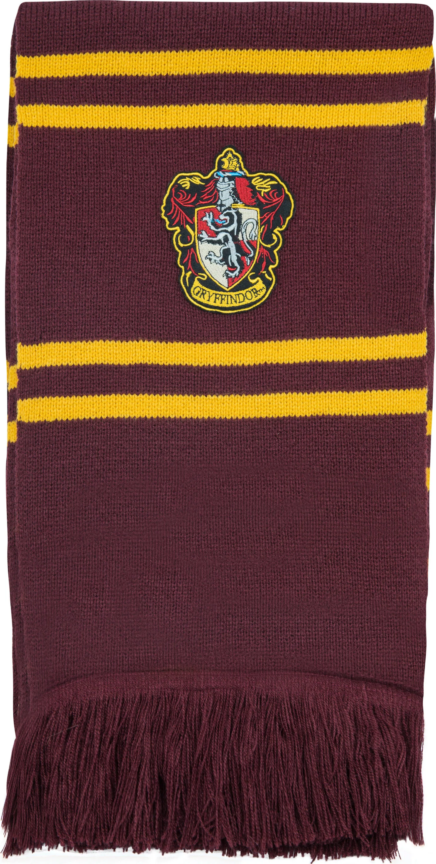 Écharpe Gryffondor avec rayures bordeaux et dorées, écusson Gryffondor et franges.