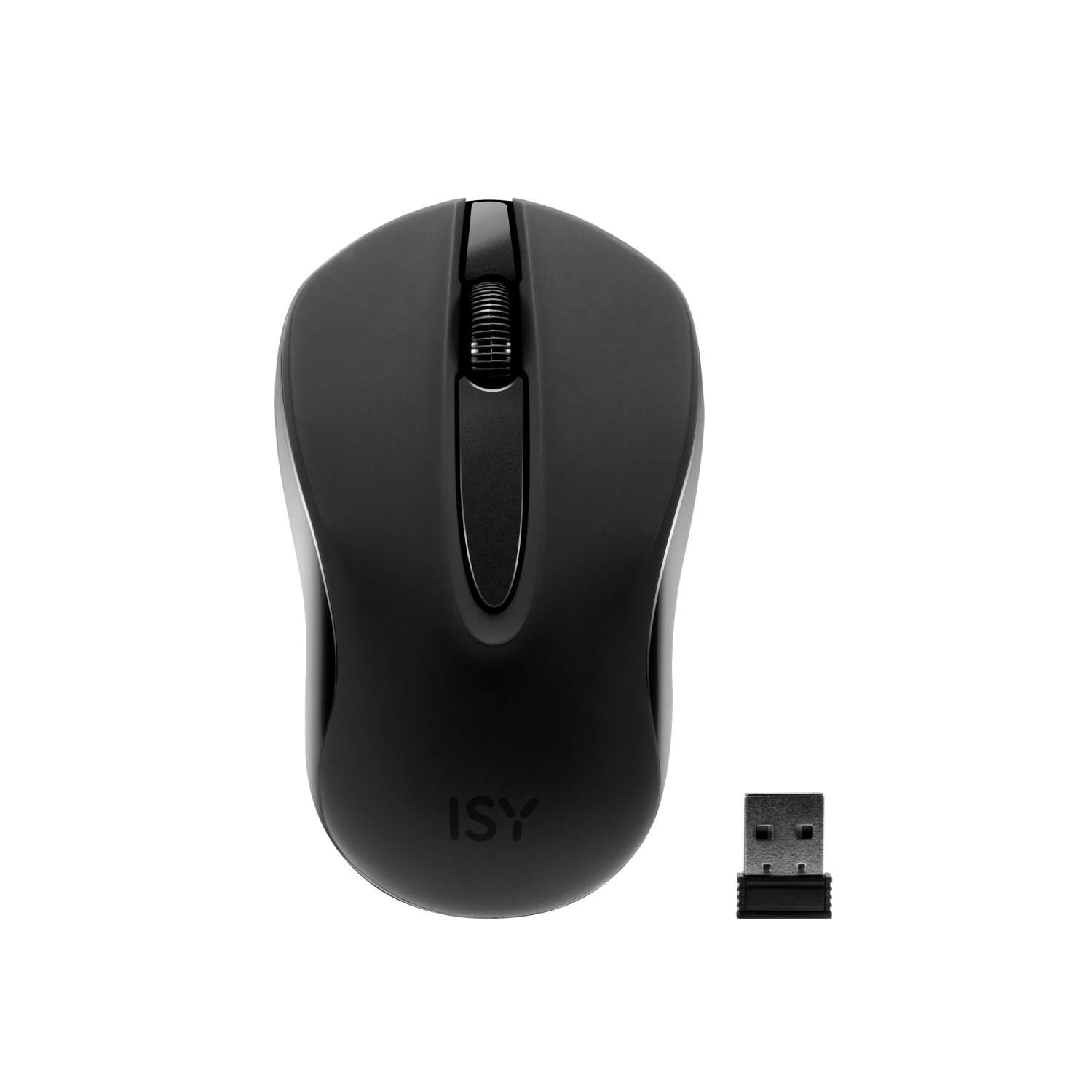 Ratón inalámbrico negro con rueda de desplazamiento y receptor USB sobre fondo negro.