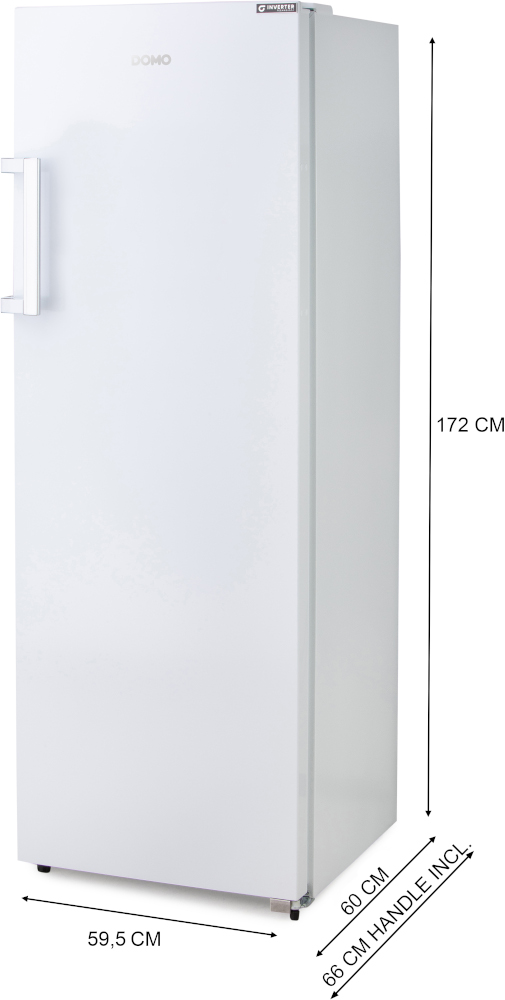 A white freezer with a handle, dimensions labeled. The brand UOMO is visible.