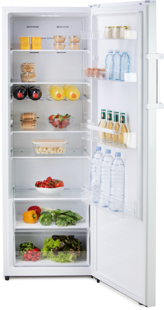 Open white refrigerator filled with food: fruits, drinks, vegetables, and other items.