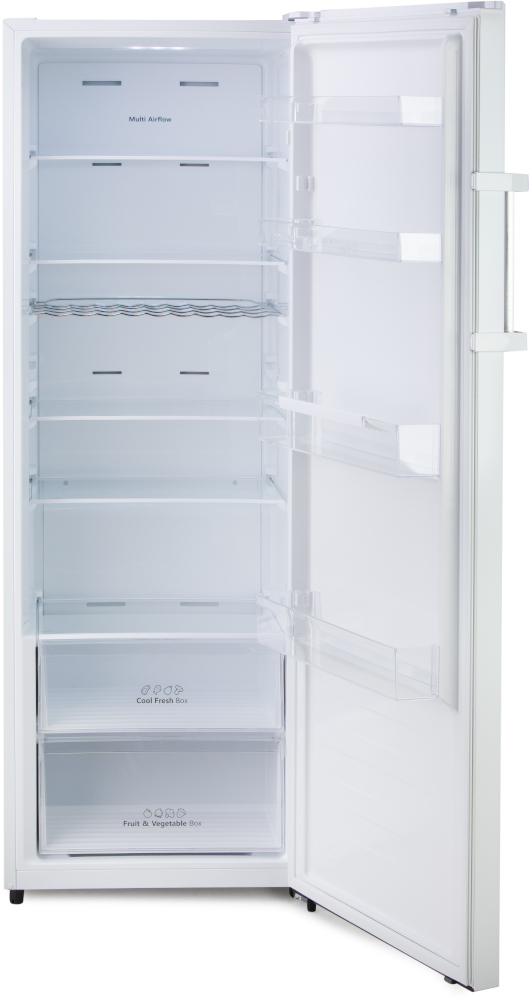 A white refrigerator with an open door shows the inside with shelves.