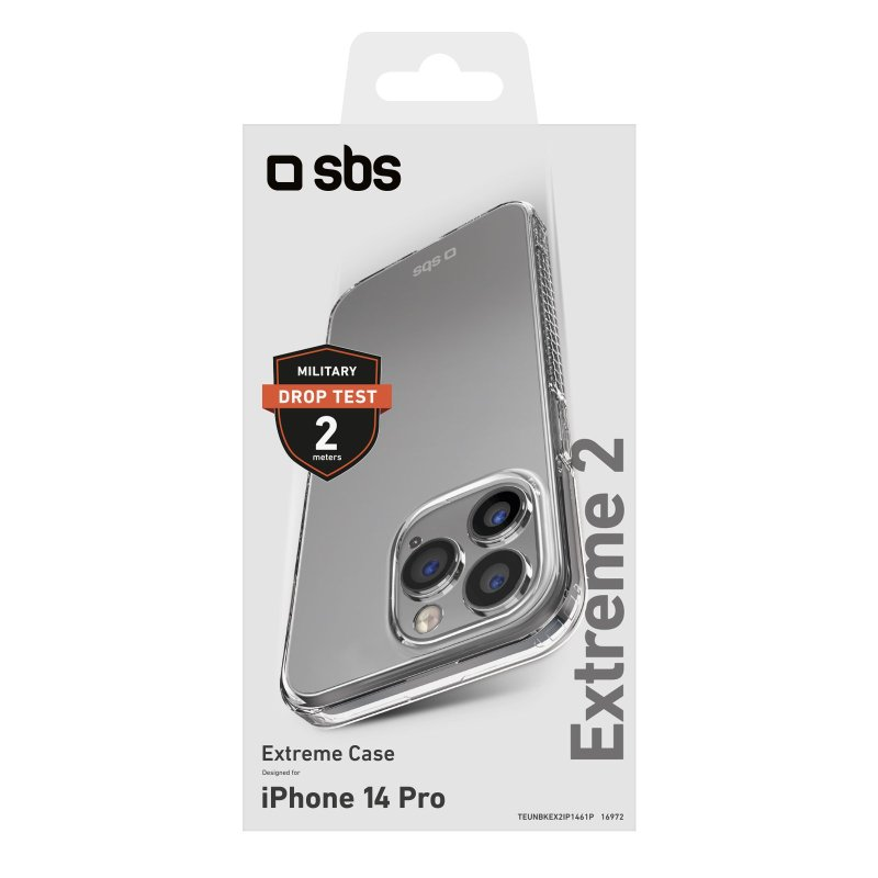 Transparente Handyhülle vor weißem Hintergrund. Die Hülle enthält ein Telefon. Die Verpackung zeigt 'Extreme 2' und 'iPhone 14 Pro'.