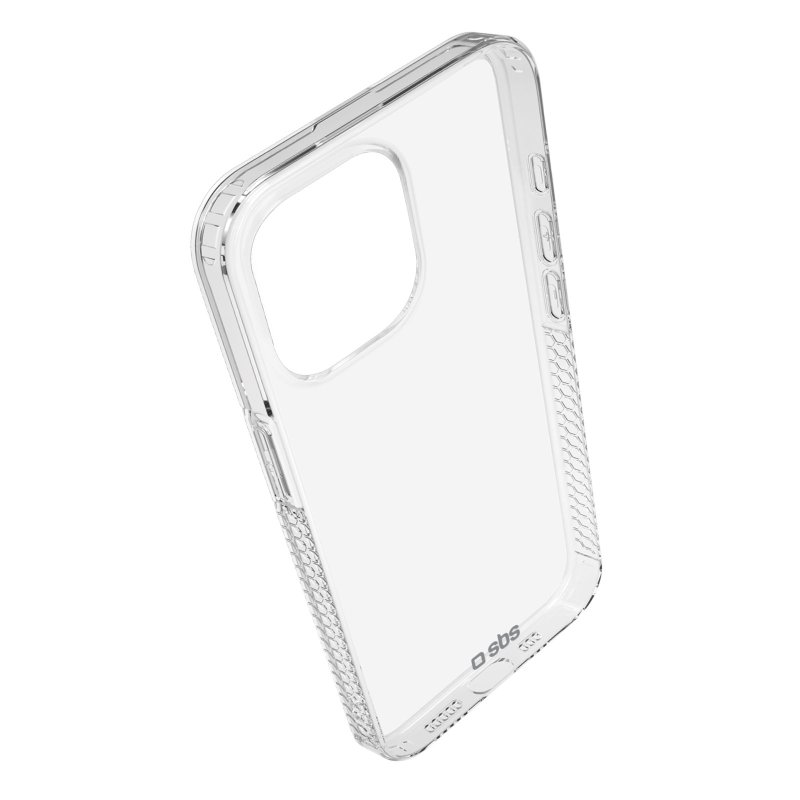 Eine transparente Handyhülle mit gemustertem Seitengriff, die ein transparentes Design zeigt.