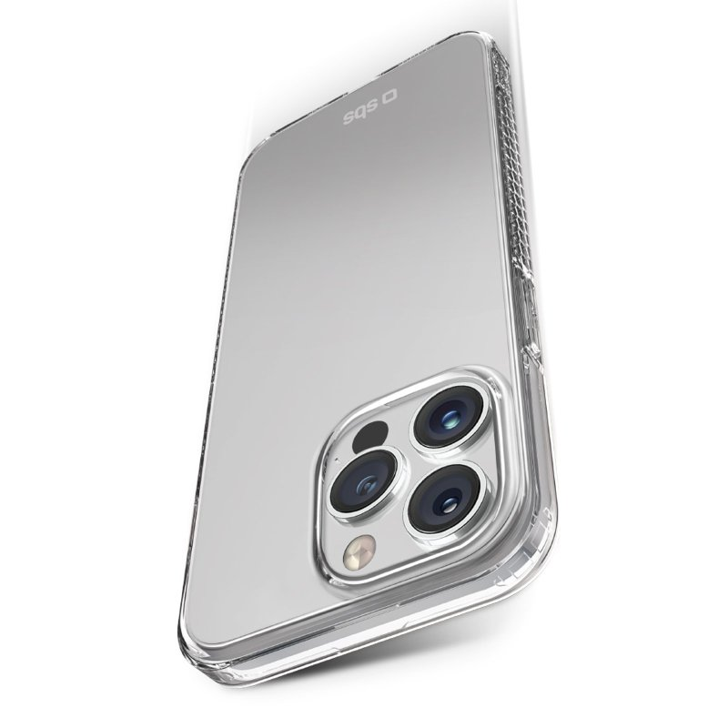 Klare Handyhülle mit einem Telefon darin. Die Hülle ist transparent und zeigt die Rückseite des Telefons. Weißer Hintergrund.