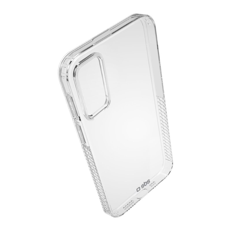 Transparente Handyhülle, schräge Ansicht. Mit Kameraaussparung und strukturierter Seitengriff, mit Markenlogo unten.