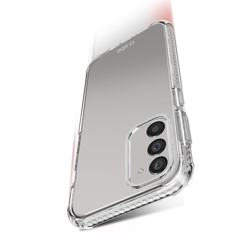 Klare Handyhülle mit einem Telefon darin. Die Hülle ist transparent und zeigt die Rückseite des Telefons. Weißer Hintergrund.