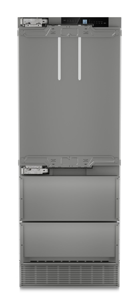 Einbaukühlschrank mit silberner Oberfläche, Display oben und Lüftungsgitter unten.