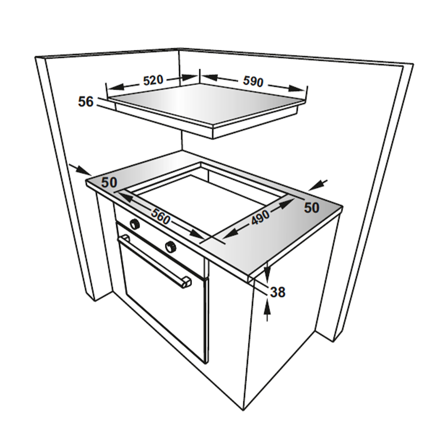 Un diagramma di un piano cottura a induzione e un forno, che mostra misure e dimensioni.
