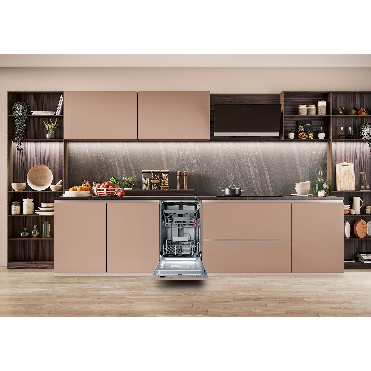 Una cucina moderna con mobili color beige, un paraschizzi in marmo e una lavastoviglie con la porta aperta.